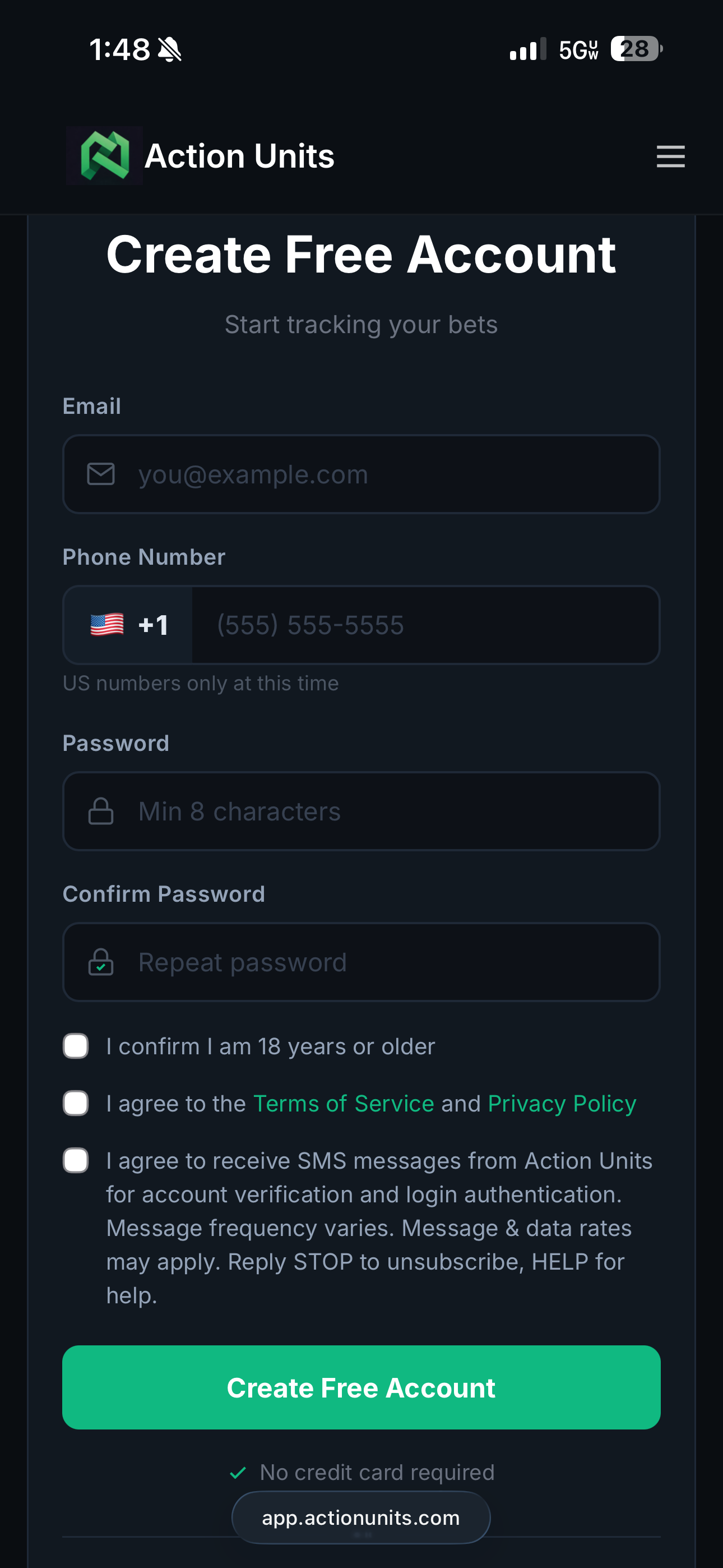 Action Units signup form with SMS consent checkbox
