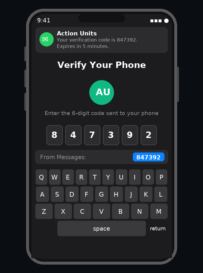 Action Units phone verification screen